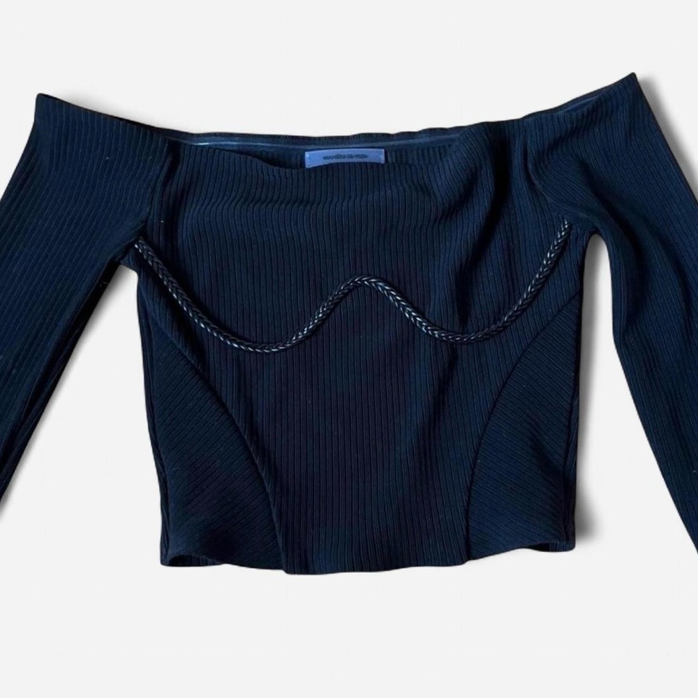 Maniere De Voir Black Off-Shoulder Ribbed Crop Top